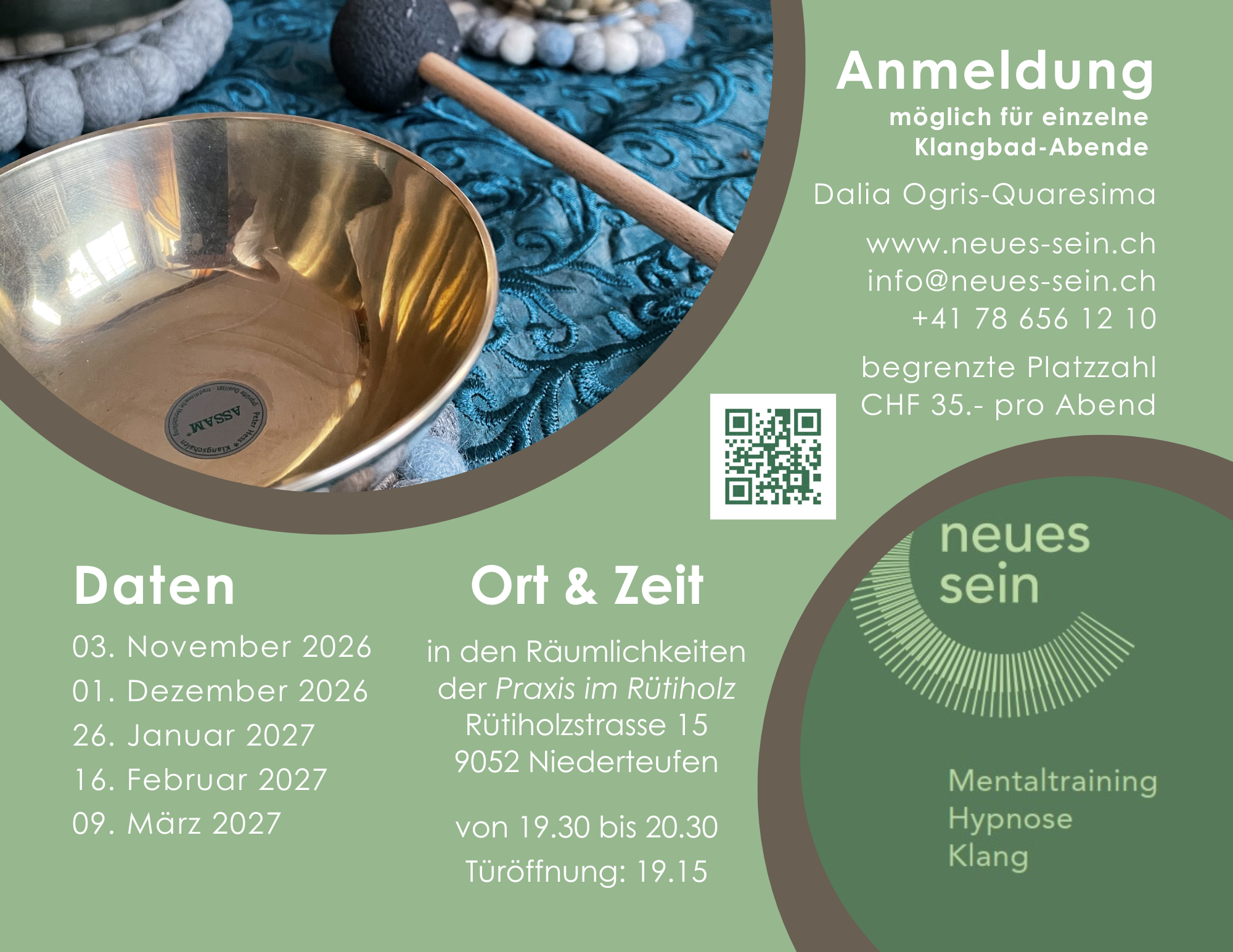 Du findest dich liegend auf deiner Matte ein: eingekuschelt in eine flauschige Decke, die Füsse wohlig eingepackt in warme Socken. Während die Schwingungen der Klangschalen sowie jene der weiteren Instrumente einen Klangteppich bilden und sich im Raum ausbreiten, ist es möglich, dass du auf körperlicher, geistiger sowie seelischer Ebene von ihnen berührt wirst und pure Entspannung erfährst. Dadurch kannst du frische Lebensenergie tanken und dein inneres Gleichgewicht wieder spüren.